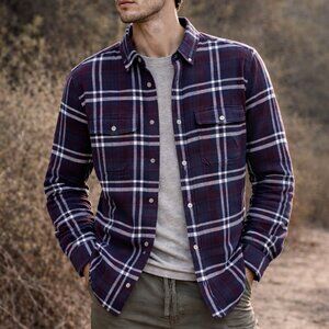 Everlane Men's Navy Red The Brushed Button Down Flannel Shirt SZ Large Rugged